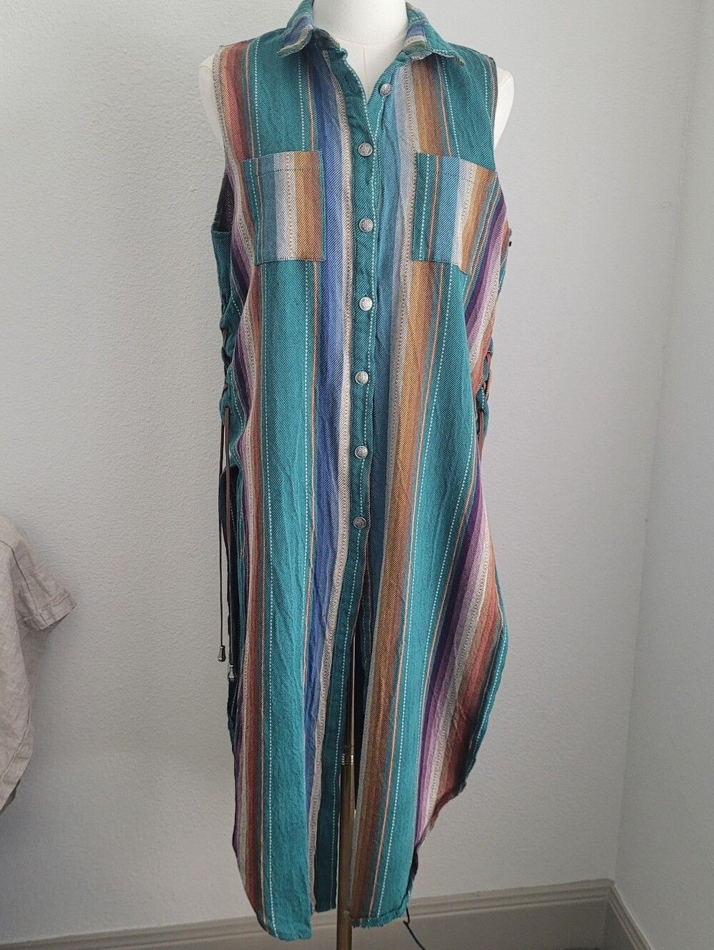 L&B Serape Stripe Sleeveless Duster Vest Lace Up Sz M Western Boho Festival